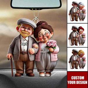 Old Cartoon Couple Holding Hand Personalized Acrylic Car Ornament - Gift For Couple