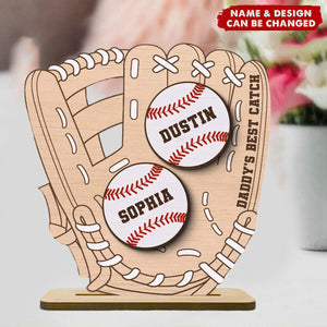 Daddy‘s Best Catch Kids Names In Baseball Glove Personalized Standing Wooden Plaque
