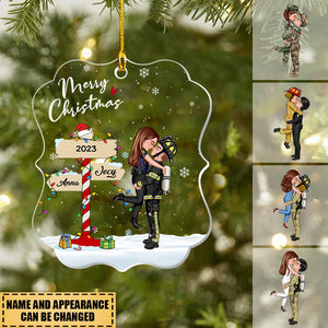 Christmas Doll Couple Hugging In The Snow Personalized Acrylic Christmas Ornament