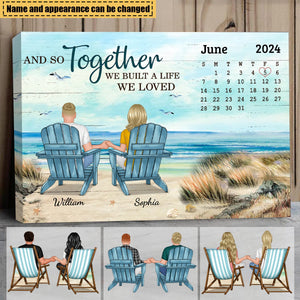 Anniversary Date Back View Couple Sitting Beach Landscape Gift For Him For Her Personalized Horizontal Poster