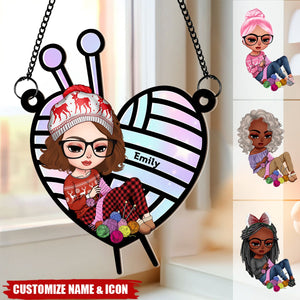 Knitting Girl Personalized Suncatcher Ornament