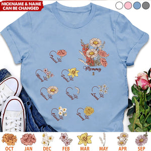 Personalized Birth Month Flower On T-shirt, Gift For Grandma Mom