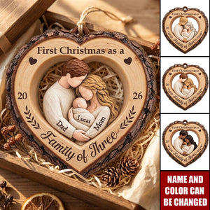 First Christmas as a Family of Three - Personalized Wooden Ornament for New Parents