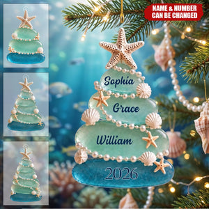 Personalized Sea Glass Tree 2026 Acrylic Ornament, Custom Beach Christmas Decoration