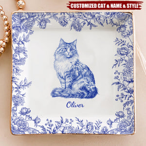 Cat Lover Chinoiserie Toile De Jouy Style - Personalized Jewelry Dish