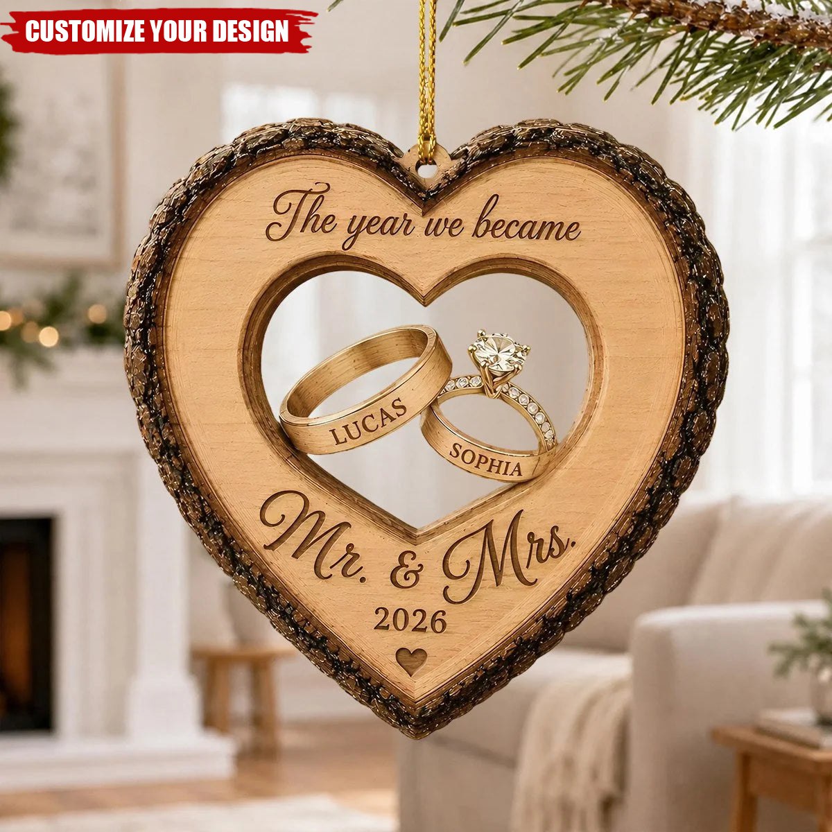 "The Year We Became Mr. & Mrs." Personalized Wooden Ornament - Custom Wedding Gift for Couples