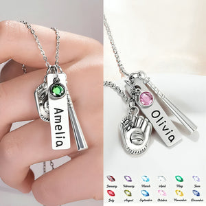 Softball Baseball Bat Glove With Engraved Name Personalized Necklace