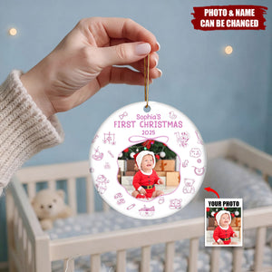 Baby First Christmas Toile De Jouy - Personalized Ceramic Photo Ornament