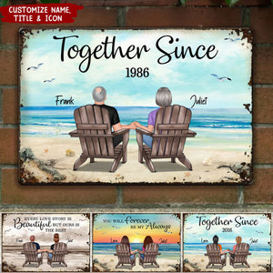 Back View Couple Sitting Beach Landscape Personalized Metal Sign