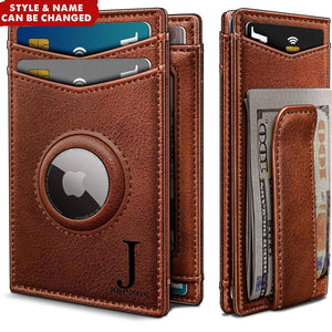 Personalized Leather Card Holder Magnetic Closure RFID Blocking AirTag Wallet
