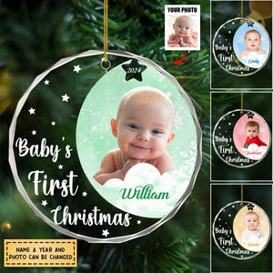 Custom Photo New Baby's First Christmas - Personalized Circle Glass Ornament