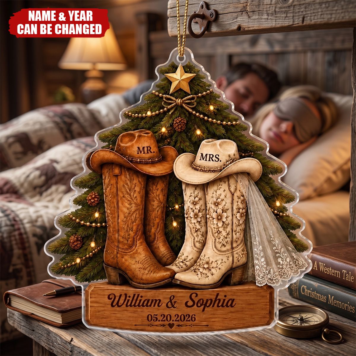 First Christmas Ornament For Newlyweds—Shaped Like A Western Cowboy Boot With The Wedding Date