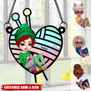 Knitting Girl Personalized Suncatcher Ornament