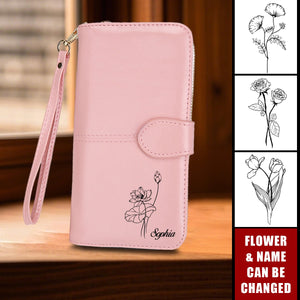 Personalized Birthday Flower Zipper Leather Wristlet Wallet