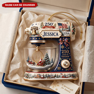 Personalized USA 250th Anniversary 2 Layer Acrylic Ornament — Custom Name Christmas Decor, American Flag & Mixer Gift