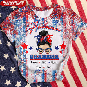 4th July American Messy Bun Mama Auntie Mom Custom Kids Name Personalized 3D T-Shirt