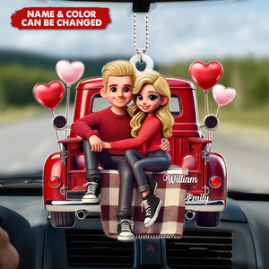 3D Effect Couple Sitting On Red Truck Personalized Acrylic Car Hanger Ornament, Valentine's Day Gift, Anniversary Gift For Couples