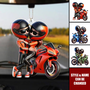 Motorcycle Pretty Cartoon Couple Personalized Acrylic Ornament, Anniversary Birthday Gift For Him, For Biker Couple