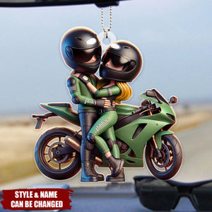 Motorcycle Pretty Cartoon Couple Personalized Acrylic Ornament, Anniversary Birthday Gift For Him, For Biker Couple