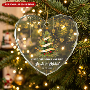 Personalized First Christmas Married Heart Glass Ornament