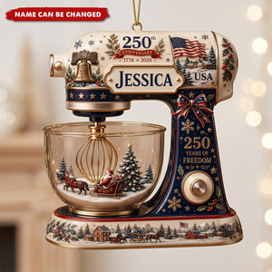 Personalized USA 250th Anniversary 2 Layer Acrylic Ornament — Custom Name Christmas Decor, American Flag & Mixer Gift
