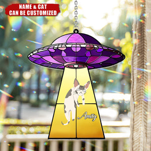 UFO With A Cat - Personalized Cat Window Hanging Suncatcher Ornament