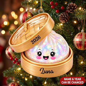 Personalized Glitter Dumpling Ornament, Bamboo Steamer, 2026 Christmas Keepsake