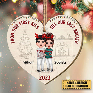 Christmas Doll Couple Standing Hugging - Personalized Wooden Ornament With Bow