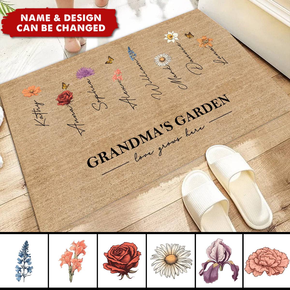Grandma‘s Garden Love Grows Here Vintage Birth Flowers - Personalized Doormat