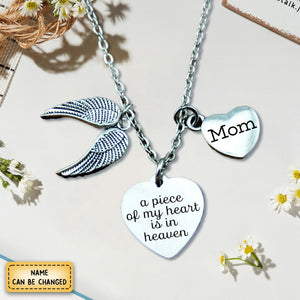 Personalized Angel Wing Necklace, Memorial Necklace,A Piece Of My Heart Is In Heaven Sympathy Gift Loss of Mom/Daughter/ Grandpa /Dad/ Son/ Brother