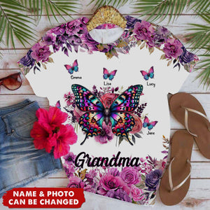 Purple & Pink Floral Butterfly Grandma Personalized 3D T-Shirt