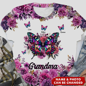Purple & Pink Floral Butterfly Grandma Personalized 3D T-Shirt