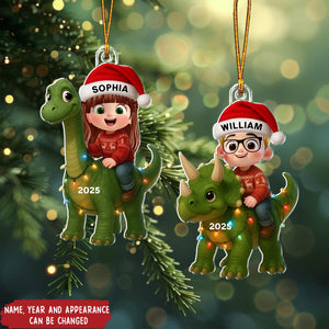 Cartoon Little Girl Boy With Dinosaur - Personalized Christmas Acrylic Ornament