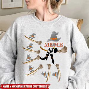 Grandma, Mom Witch Flying In Broom With Broom Kids Around Personalized Sweatshirt