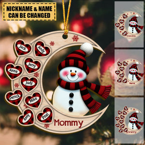 Christmas Happy Snowman Nana Mom Heart Kids On Moon Personalized Ornament