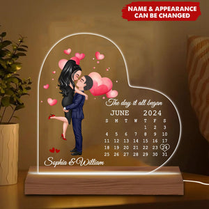 Doll Couple Hugging Kissing Calendar Anniversary Date Personalized Heart Shaped Acrylic Plaque With LED Night Light - Anniversary Gift For Couple - Gift For Him, Gift For Her