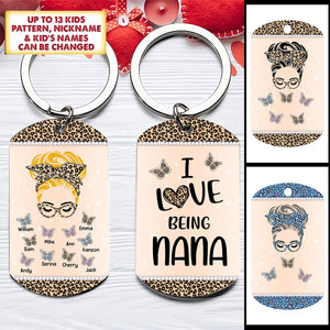 Personalized I Love Being Nana Butterfly Messy Bun Stainless Steel Keychain Nana With Grandkids Name Keychain
