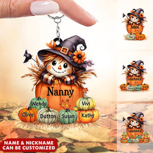 Grandma's Little Pumpkins - Scarecrow Grandma With Pumpkin Kid Names Personalized Keychain