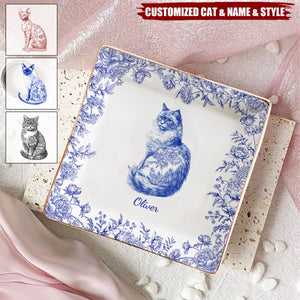 Cat Lover Chinoiserie Toile De Jouy Style - Personalized Jewelry Dish