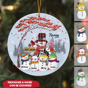 Grandma Snowman With Little Snowman Kids Under Tree Personalized Acrylic Ornament