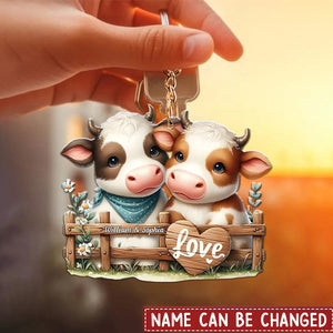 Charming Double Cow Hug Personalized Hanging Shaped Keychain