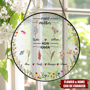 First Mom Now Grandma - Personalized Birth Flowers Stained Glass Suncatcher