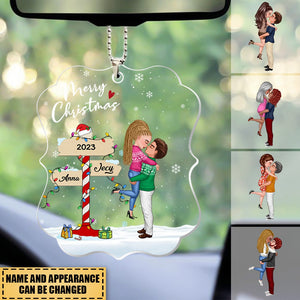 Winter Couple Hugging Kissing In The Snow Personalized Acrylic Car Ornament