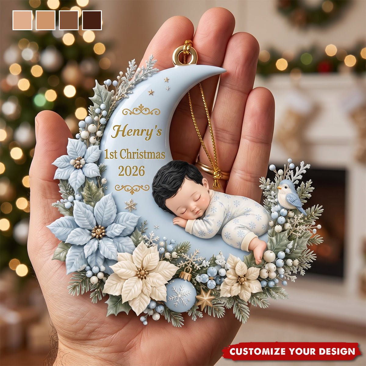 First Christmas Baby Boy Girl on Floral Moon - Personalized Acrylic Ornament - Christmas Gift for New Mom, Dad