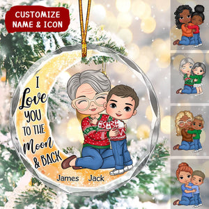 Christmas Grandma & Grandkid On Moon Personalized Circle Glass Ornament