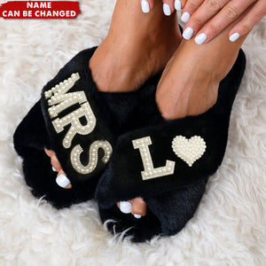 Custom Pearl Style Name Personalized Fluffy Slippers, Gift For Bride Bridesmaid
