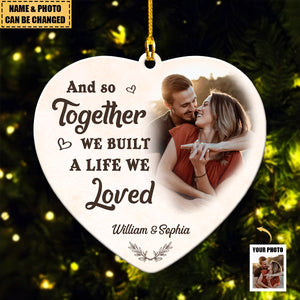 Custom Photo My Favorite Place In All The World Is Next To You - Couple Personalized Heart Acrylic Ornament