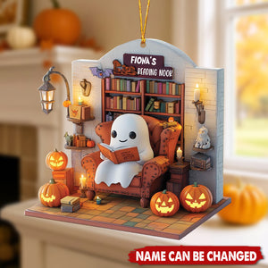 Personalized Halloween Ornament, Ghost Reading Nook