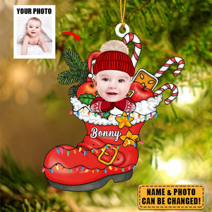 Cute Christmas Kid Santa Shoe Custom Photo Acrylic Ornament
