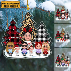 Leopard Checkered Pattern Christmas Tree Grandma Grandkids Personalized Acrylic Ornament